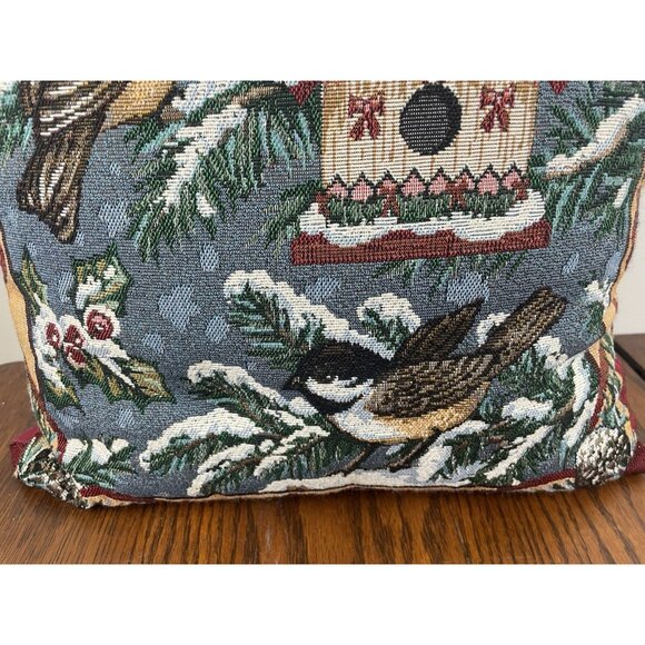 Tapestry Throw Accent Pillow 18”Christmas Chickadee  Mohawk Home Holly Snow Vtg - Picture 4 of 14